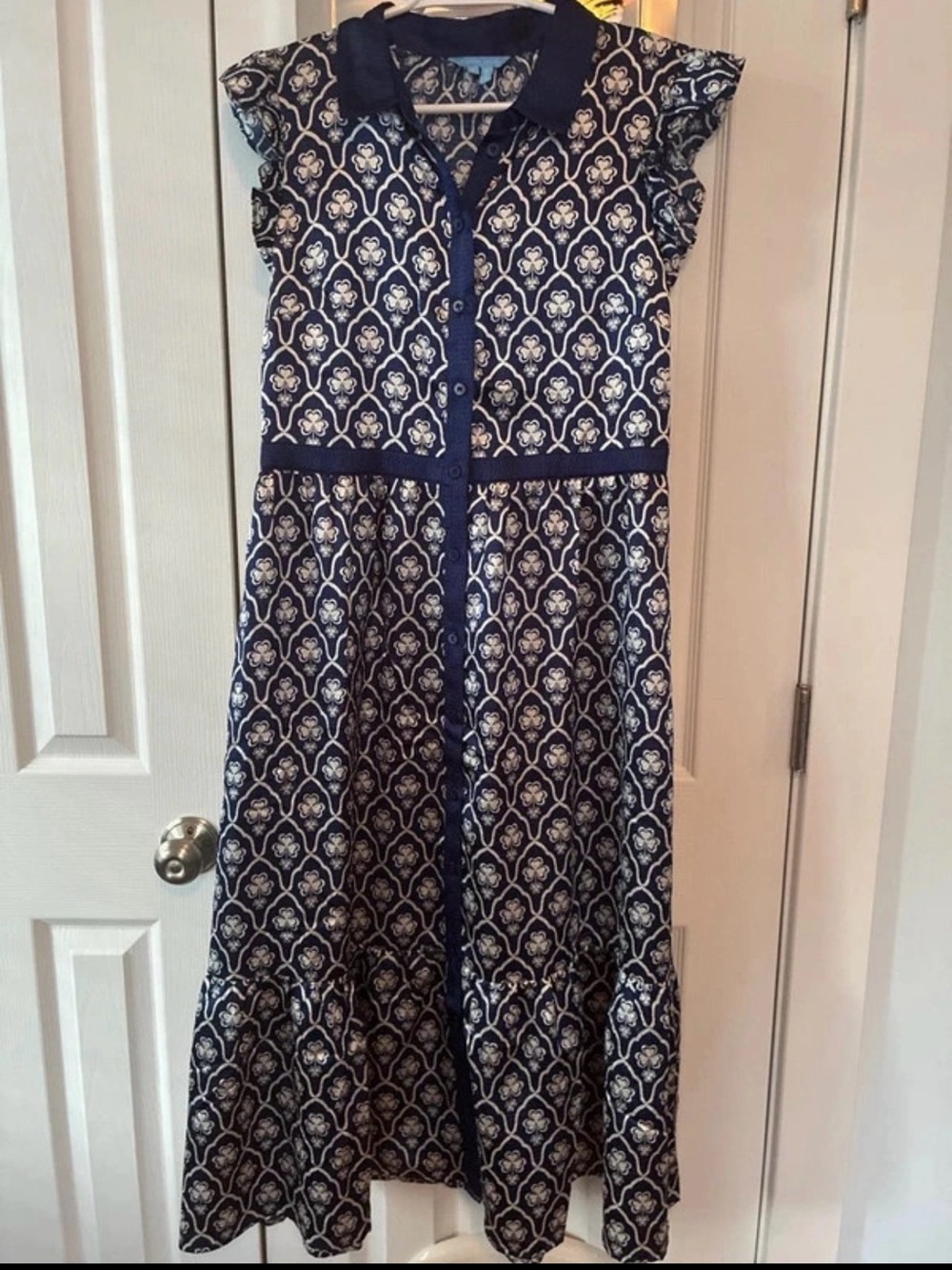 Draper James Navy and White Printed Cap-Sleeve Dress